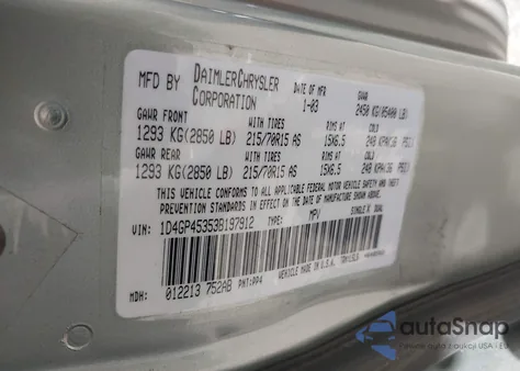 2003 Dodge Caravan Sport из США, поврежденный, VIN 1D4GP45353B197912